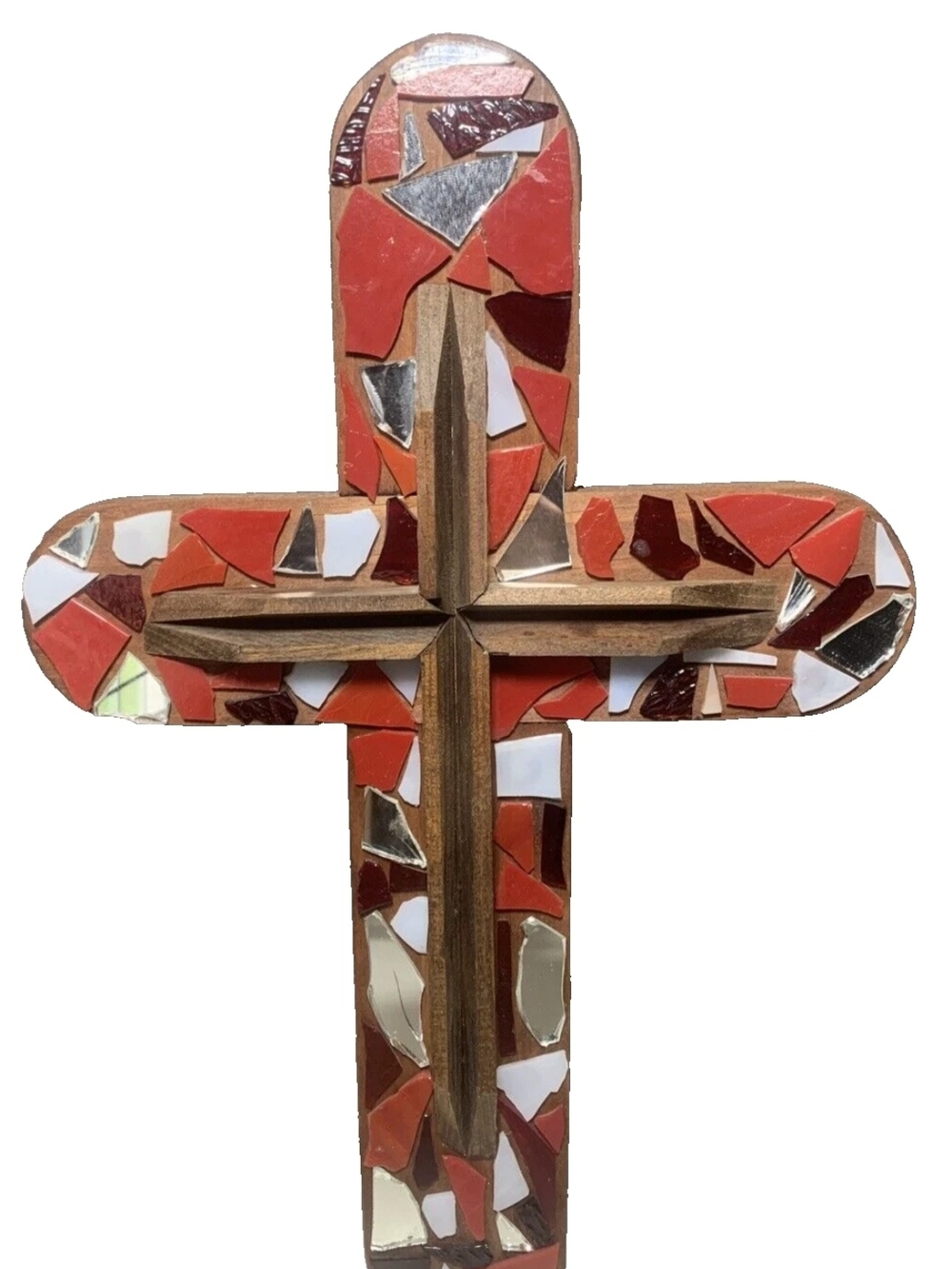 Mosaic Wooden Cross Wall Art in Red, White & Mirrored Tones